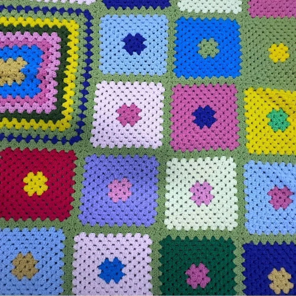 Afghan Handmade Multicolor Crochet Blanket Grandma Squares 46” x 62”